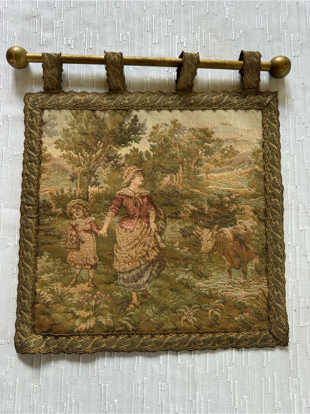Vintage French Pastoral Style Wall Tapestry Mother Child Country Scene